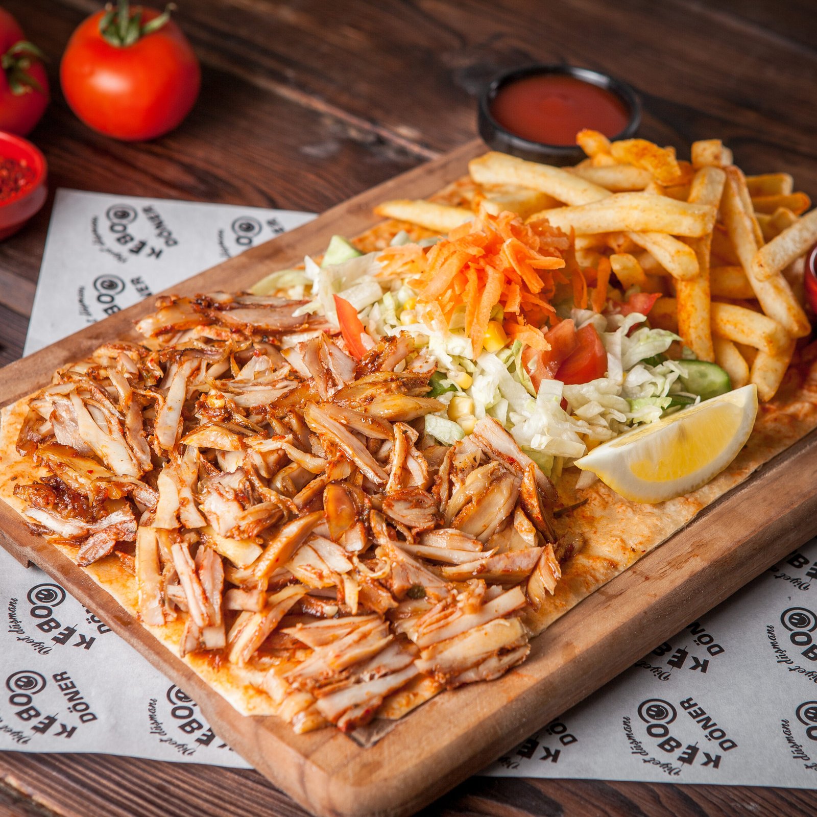 From above fried chicken pieces with lemon and french fries and salad in wood plate on wooden background